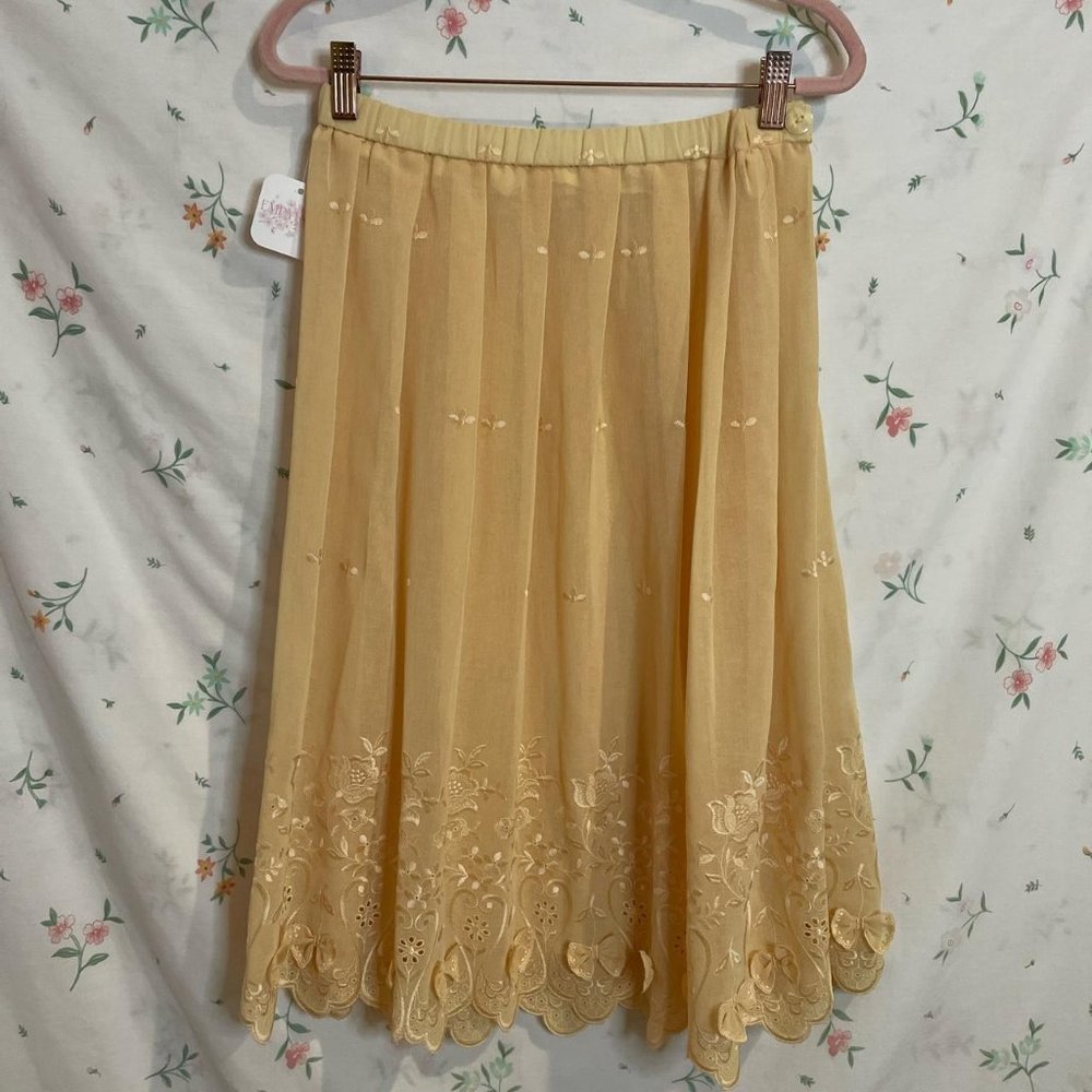 Vintage 80s 90s Golden Yellow Floral Embroidered Midi Skirt w/ Bows Size S